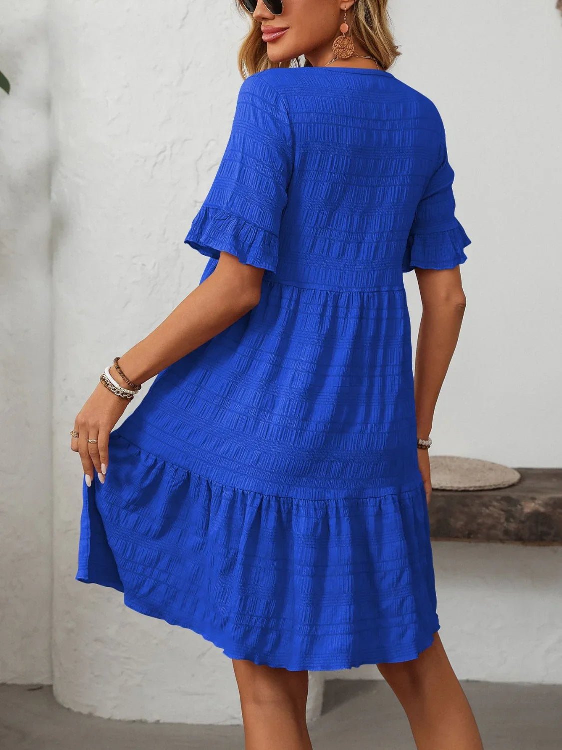 Mandy Ruched Half Sleeve Boho Dress - minbolu