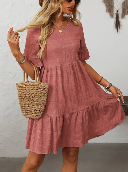 Mandy Ruched Half Sleeve Boho Dress - minbolu