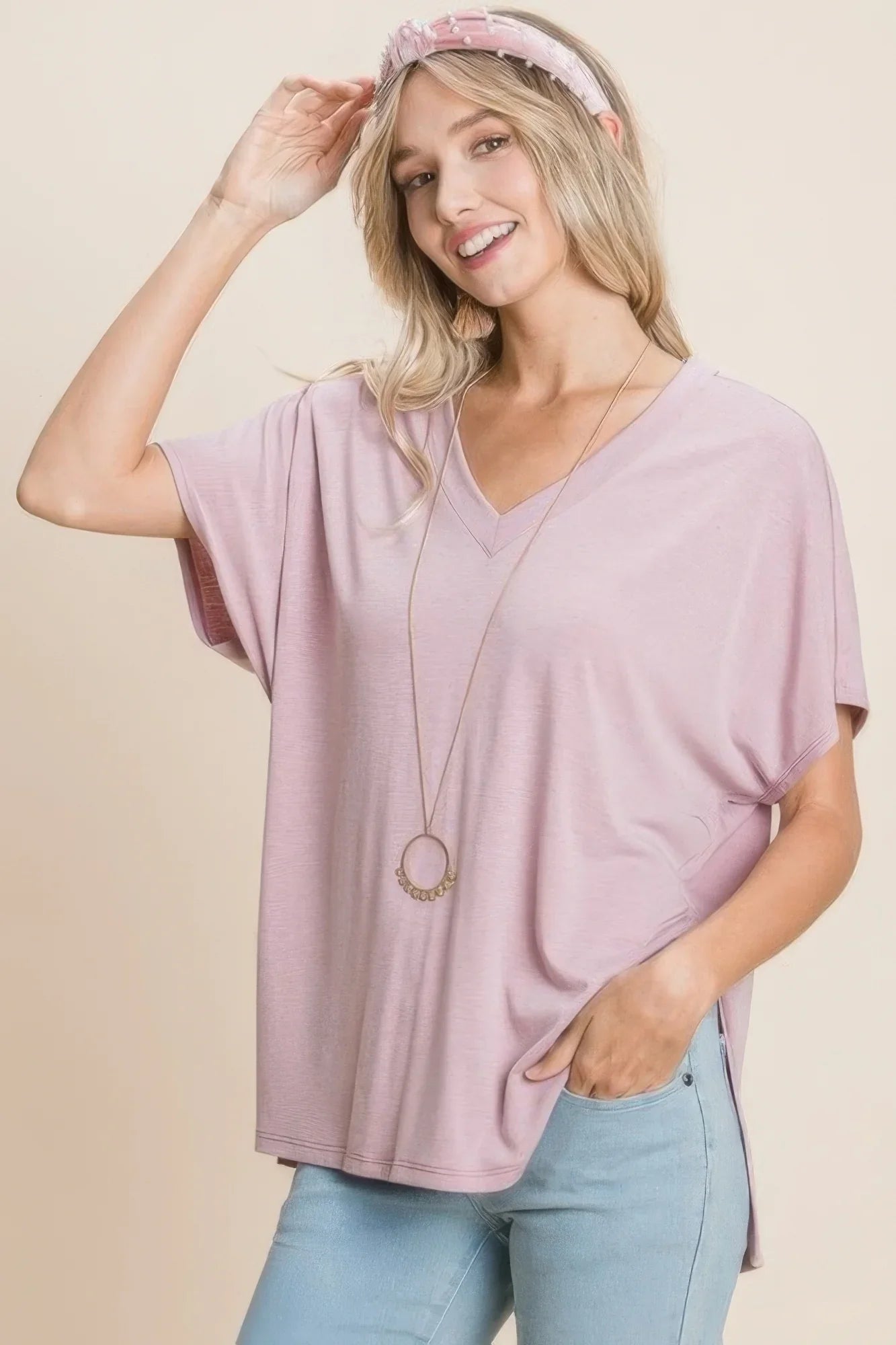 Mauve Casual V-Neck Top with Short Dolman Sleeves - minbolu -