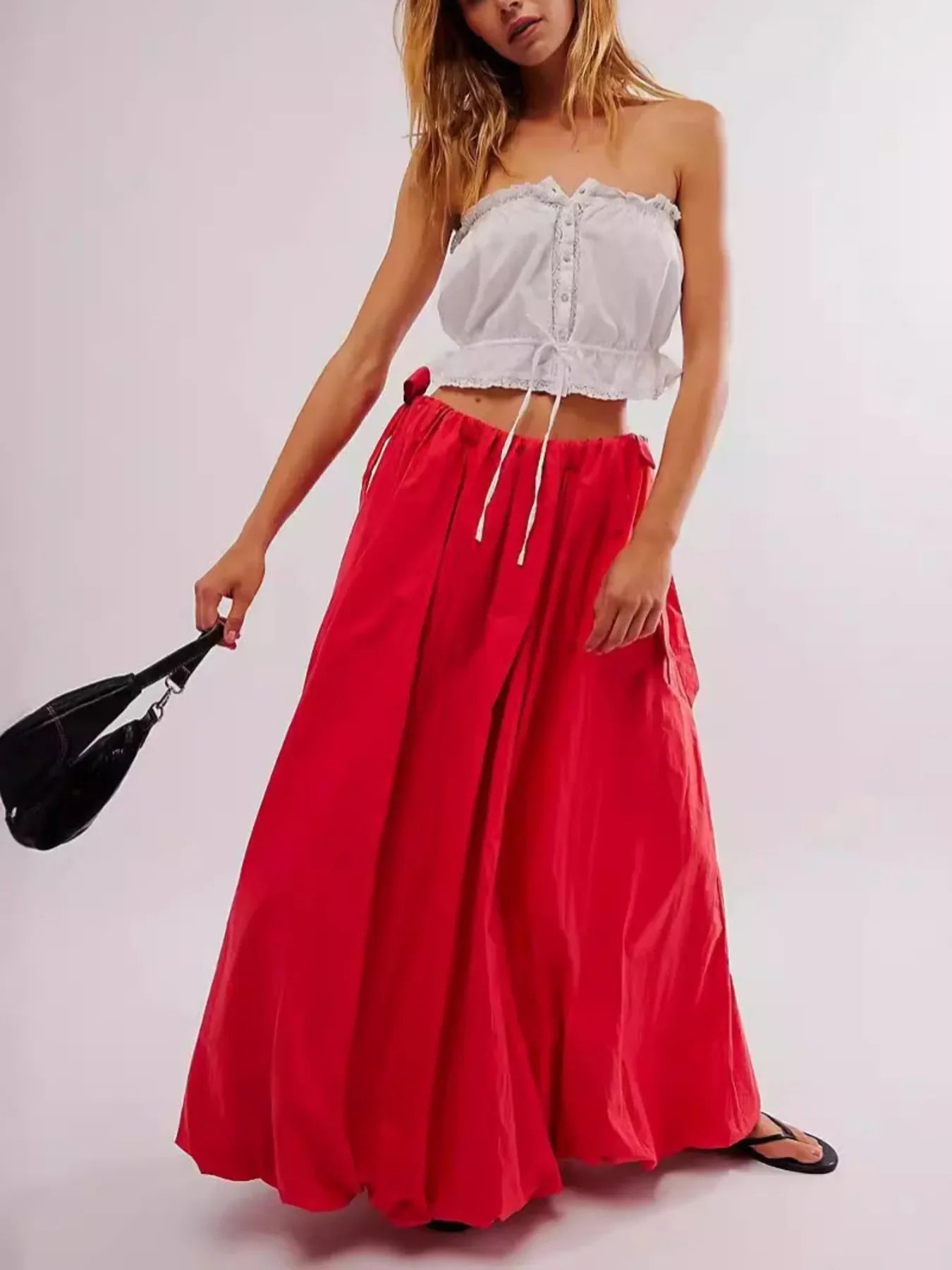 Maxi Skirt with Pockets - Side Bow Detail & Drawstring Waist - minbolu