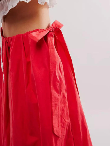 Maxi Skirt with Pockets - Side Bow Detail & Drawstring Waist - minbolu