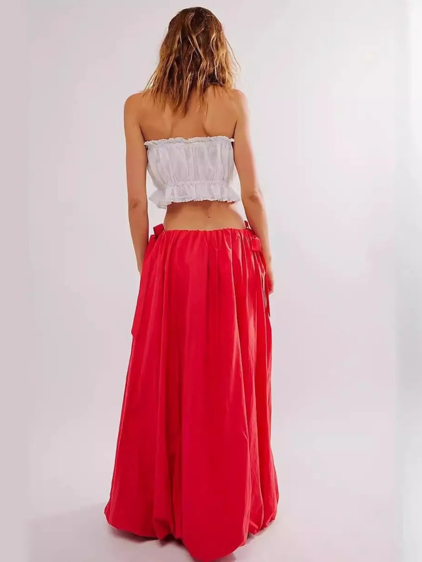 Maxi Skirt with Pockets - Side Bow Detail & Drawstring Waist - minbolu