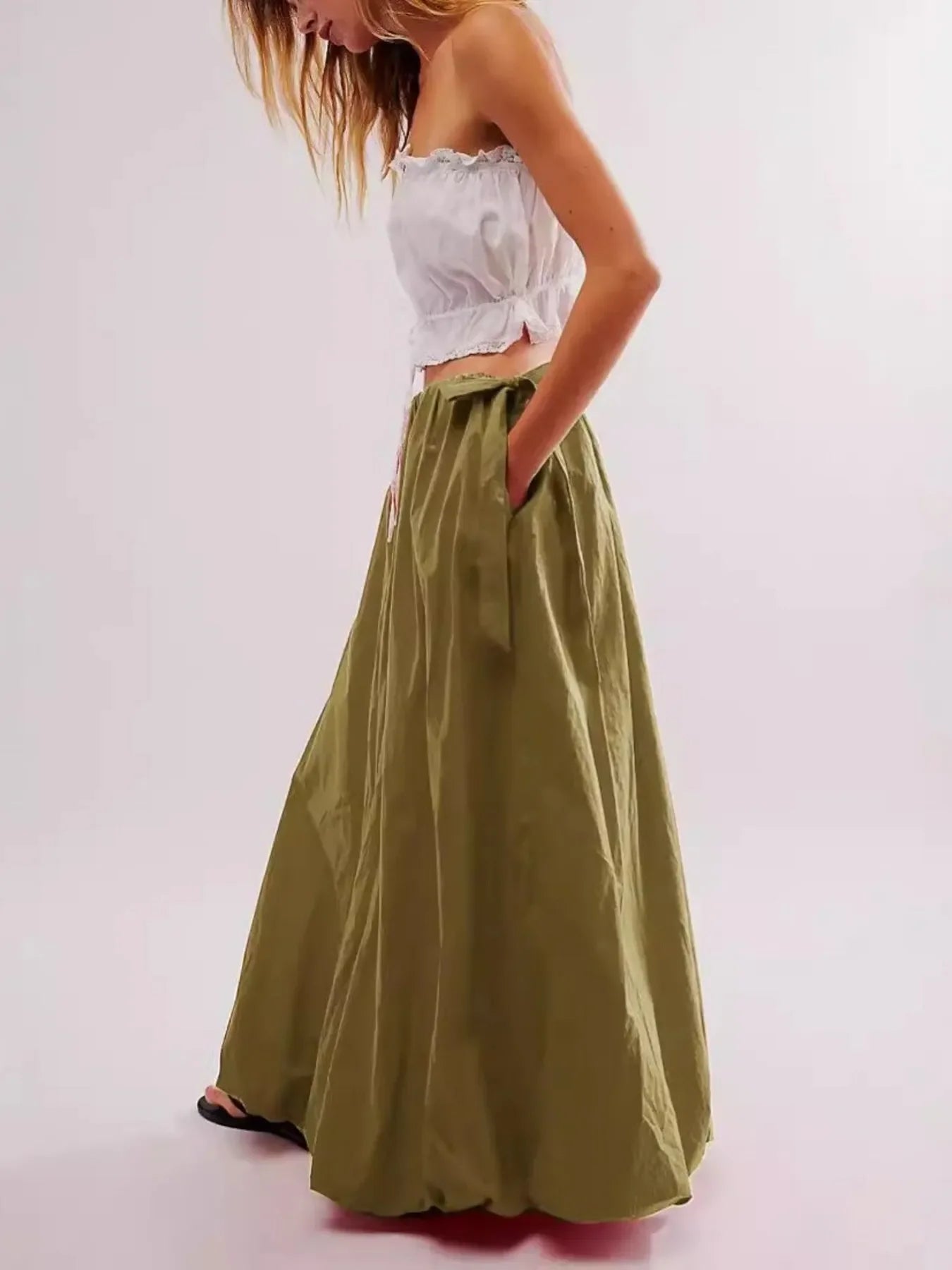 Maxi Skirt with Pockets - Side Bow Detail & Drawstring Waist - minbolu