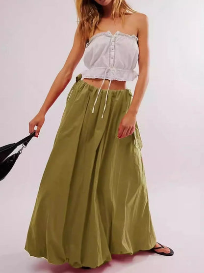Maxi Skirt with Pockets - Side Bow Detail & Drawstring Waist - minbolu