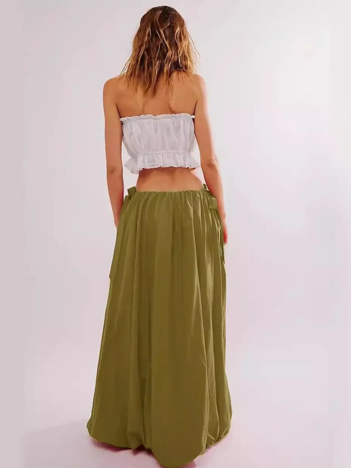 Maxi Skirt with Pockets - Side Bow Detail & Drawstring Waist - minbolu