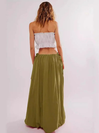 Maxi Skirt with Pockets - Side Bow Detail & Drawstring Waist - minbolu