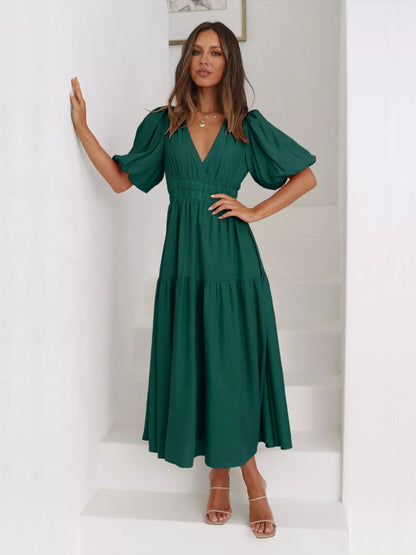 Merry Mill Tiered Puff Sleeve Midi Dress - Boho V-Neck Dress - minbolu -