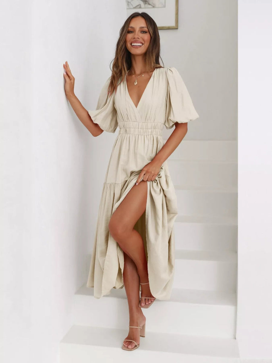Merry Mill Tiered Puff Sleeve Midi Dress - Boho V-Neck Dress - minbolu -