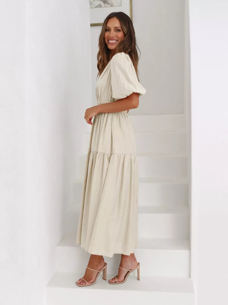 Merry Mill Tiered Puff Sleeve Midi Dress - Boho V-Neck Dress - minbolu -