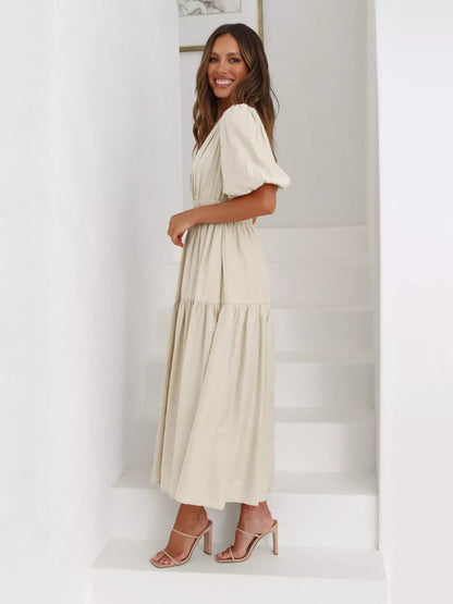 Merry Mill Tiered Puff Sleeve Midi Dress - Boho V-Neck Dress - minbolu -
