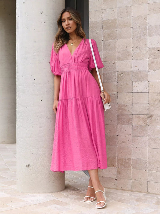 Merry Mill Tiered Puff Sleeve Midi Dress - Boho V-Neck Dress - minbolu -