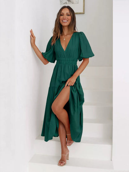 Merry Mill Tiered Puff Sleeve Midi Dress - Boho V-Neck Dress - minbolu -