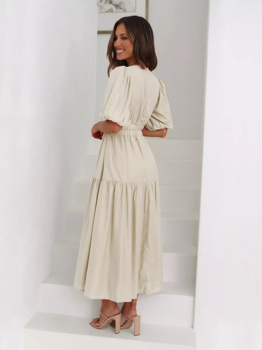 Merry Mill Tiered Puff Sleeve Midi Dress - Boho V-Neck Dress - minbolu -