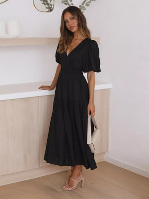 Merry Mill Tiered Puff Sleeve Midi Dress - Boho V-Neck Dress - minbolu -
