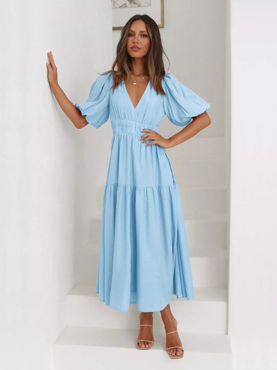 Merry Mill Tiered Puff Sleeve Midi Dress - Boho V-Neck Dress - minbolu -