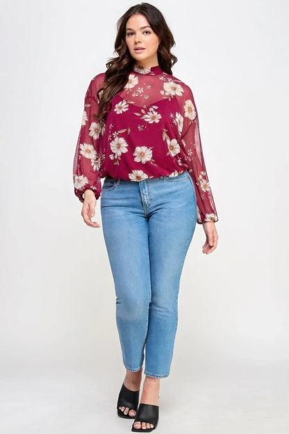 Mesh Floral Long Sleeve Top with Cami - minbolu