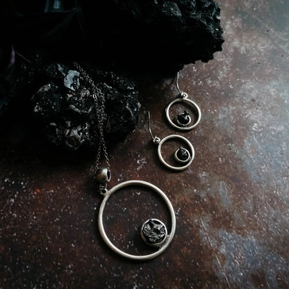 Meteorite Jewelry Set - Circle Necklace and Earrings - minbolu