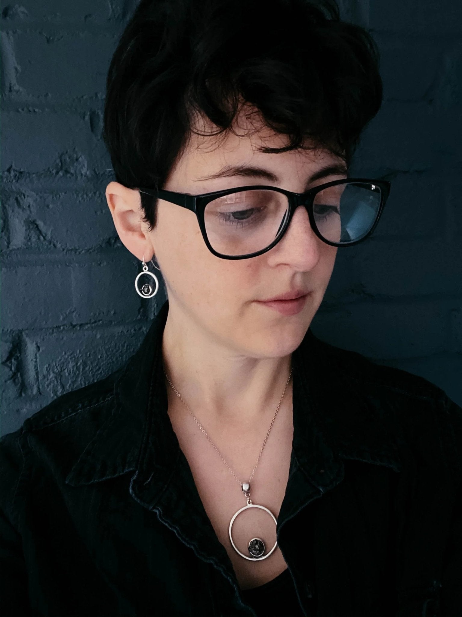 Meteorite Jewelry Set - Circle Necklace and Earrings - minbolu