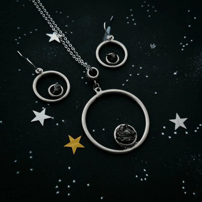 Meteorite Jewelry Set - Circle Necklace and Earrings - minbolu