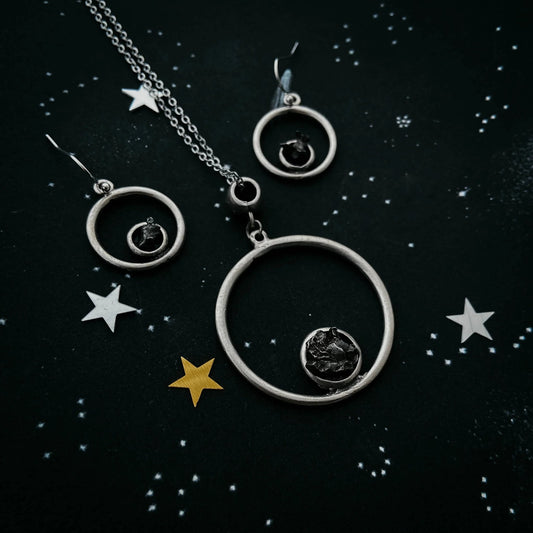 Meteorite Jewelry Set - Circle Necklace and Earrings - minbolu