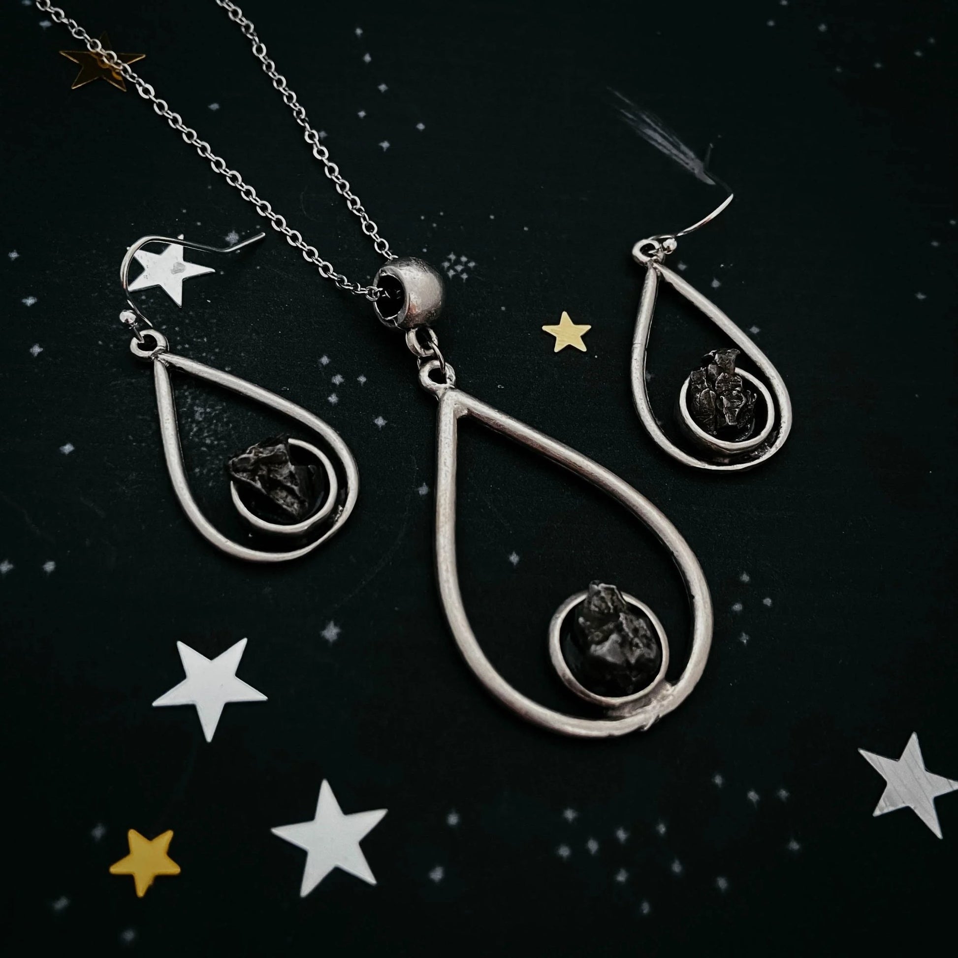 Meteorite Jewelry Set - Teardrop Necklace and Earrings - minbolu