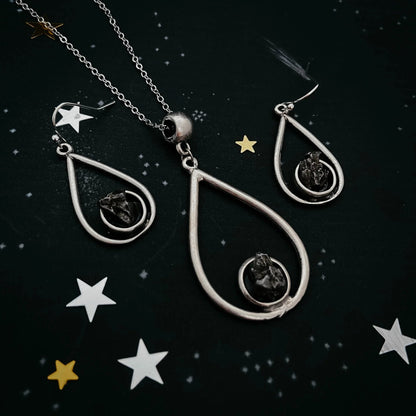 Meteorite Jewelry Set - Teardrop Necklace and Earrings - minbolu