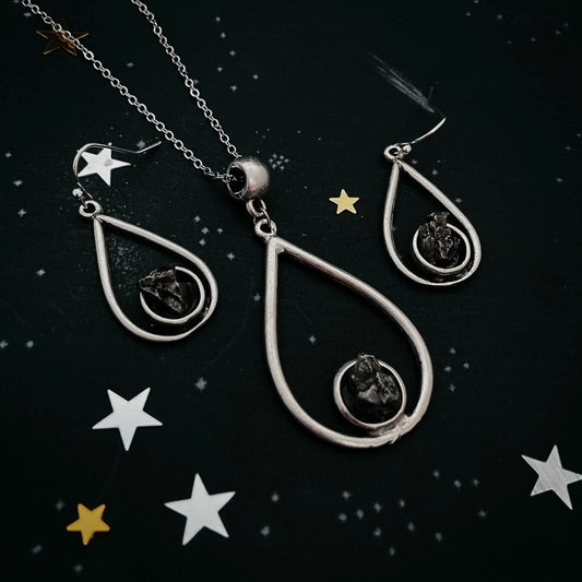 Meteorite Jewelry Set - Teardrop Necklace and Earrings - minbolu