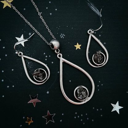 Meteorite Jewelry Set - Teardrop Necklace and Earrings - minbolu