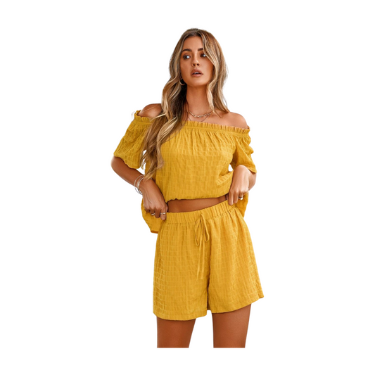 Full-size off-shoulder short sleeve top and tied shorts set—effortless summer fashion for women.