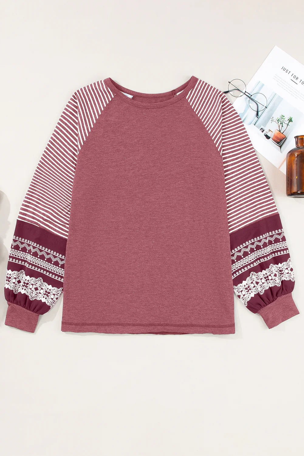 Mineral Red Striped Raglan Sleeve Loose Top - minbolu -