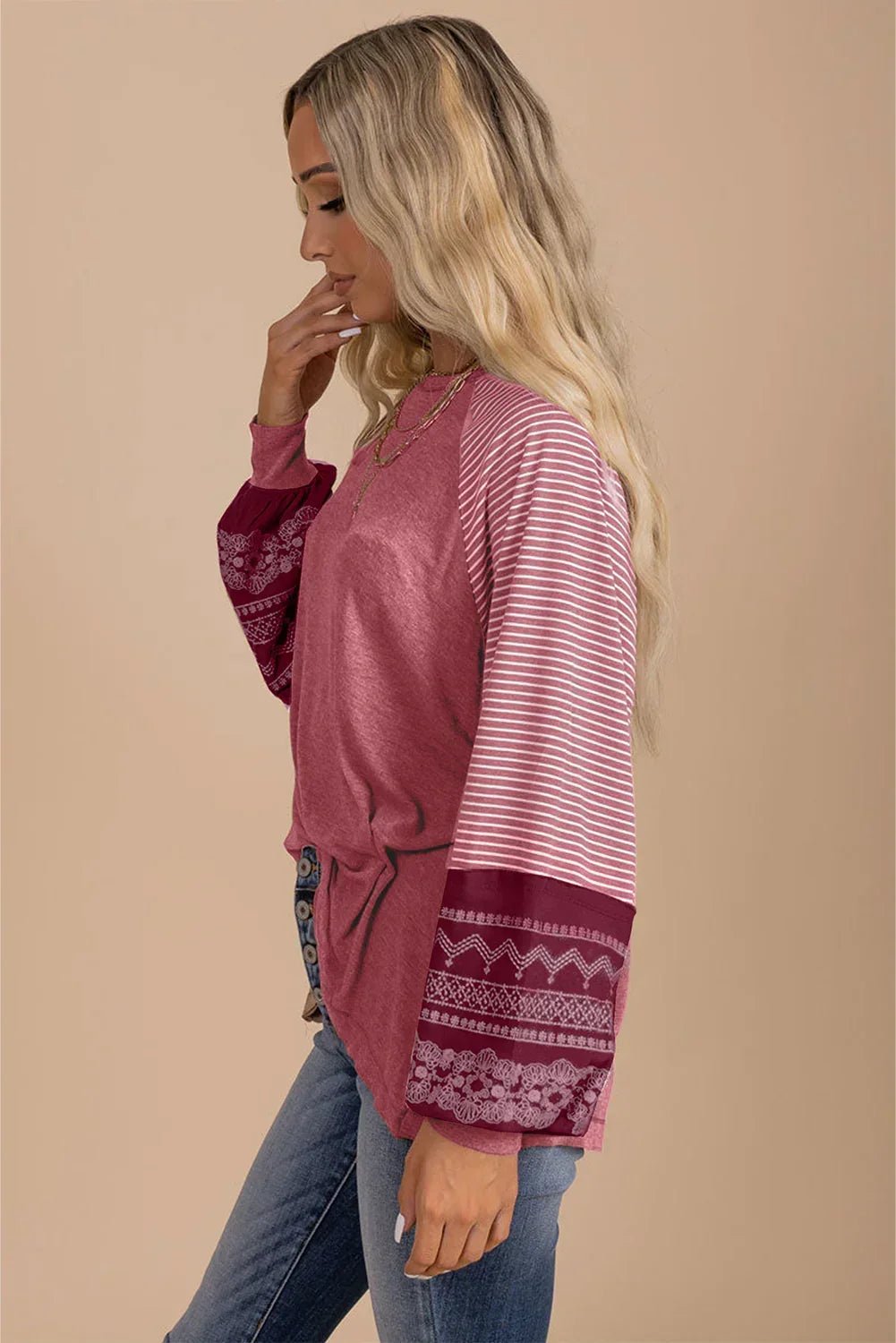 Mineral Red Striped Raglan Sleeve Loose Top - minbolu -