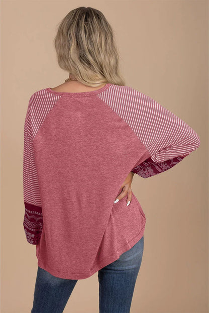 Mineral Red Striped Raglan Sleeve Loose Top - minbolu