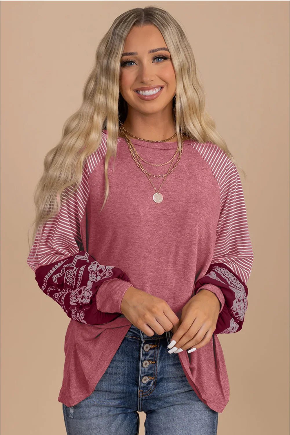 Mineral Red Striped Raglan Sleeve Loose Top - minbolu -