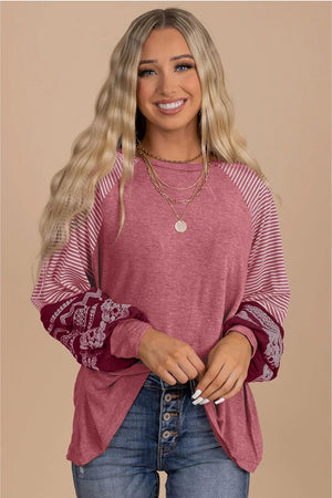 Mineral Red Striped Raglan Sleeve Loose Top - minbolu -