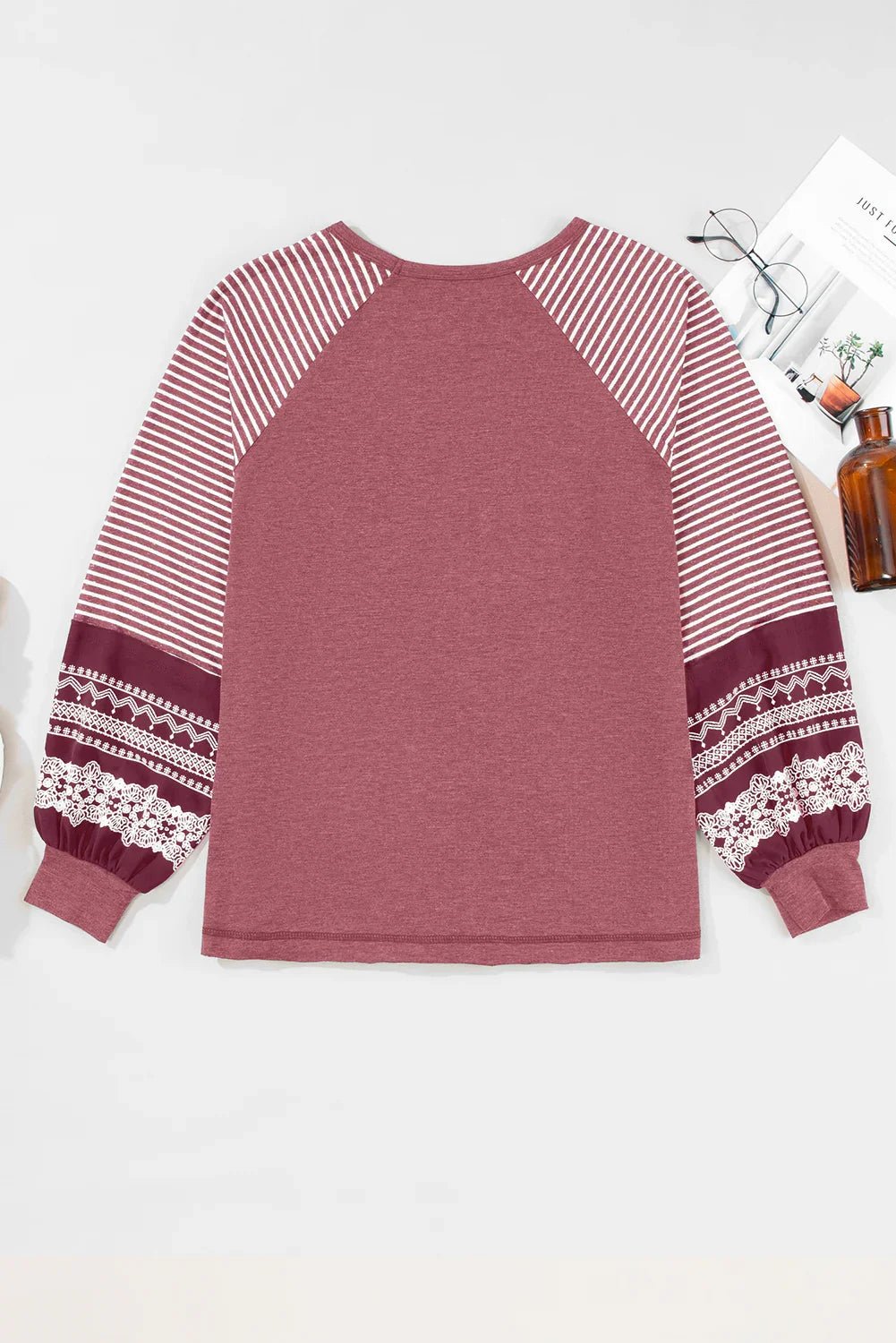 Mineral Red Striped Raglan Sleeve Loose Top - minbolu -