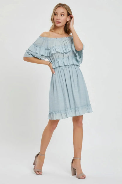 Misty Blue Bohemian Off Shoulder Ruffle Dress - minbolu