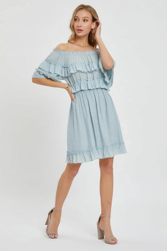 Misty Blue Bohemian Off Shoulder Ruffle Dress - minbolu