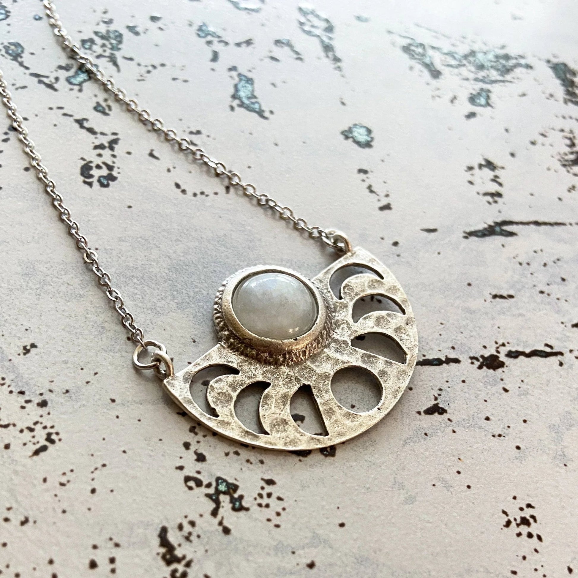 Moon Goddess Necklace - Moon Phases Rainbow Moonstone Pendant - minbolu