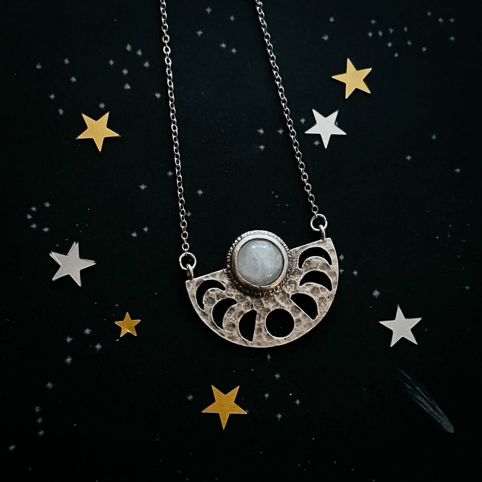 Moon Goddess Necklace - Moon Phases Rainbow Moonstone Pendant - minbolu