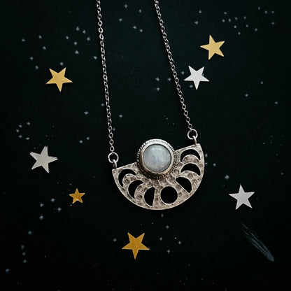 Moon Goddess Necklace - Moon Phases Rainbow Moonstone Pendant - minbolu