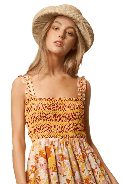 Multi Smocked Geo Ruffle Midi Dress - minbolu