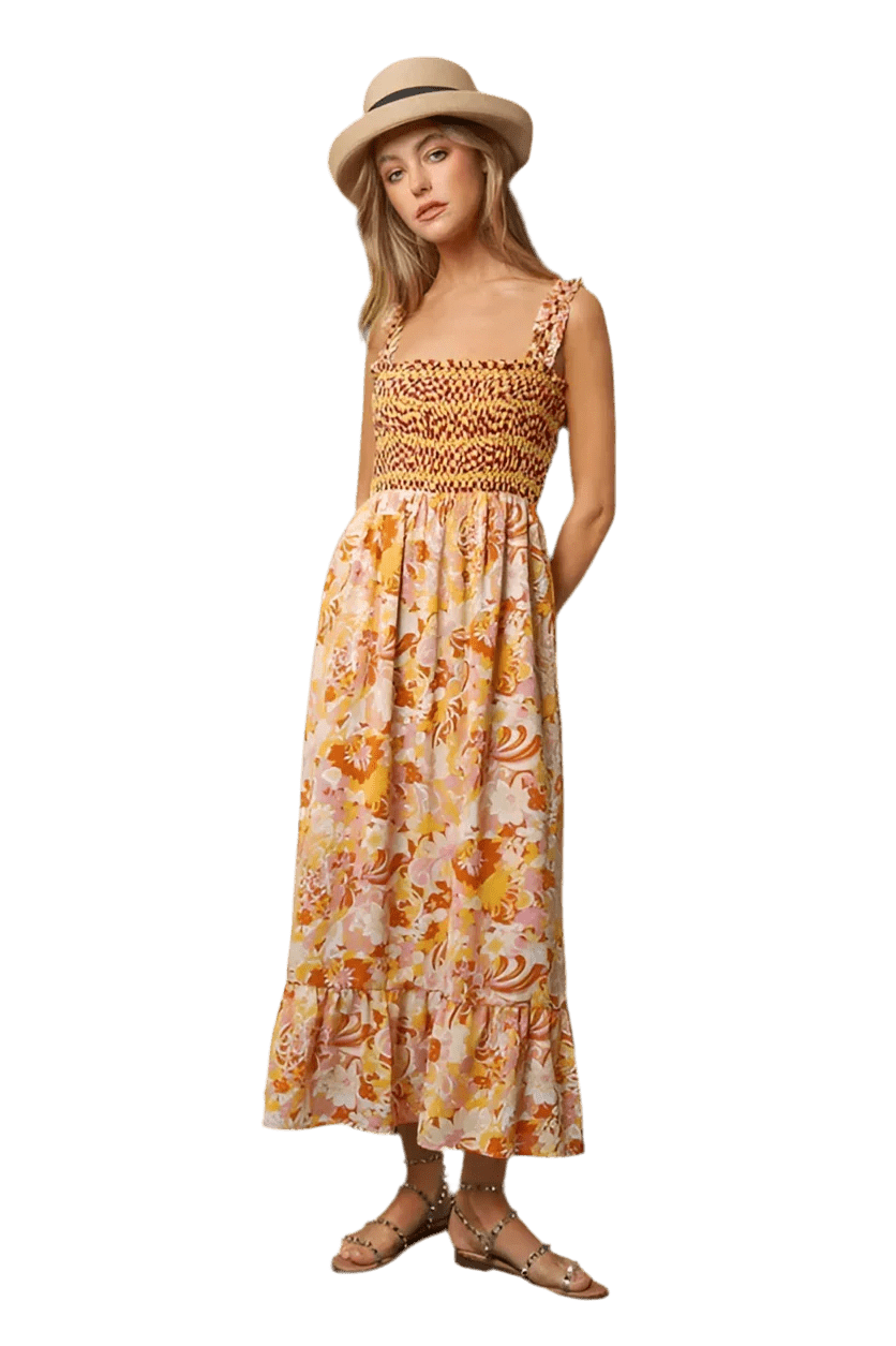 Multi Smocked Geo Ruffle Midi Dress - minbolu
