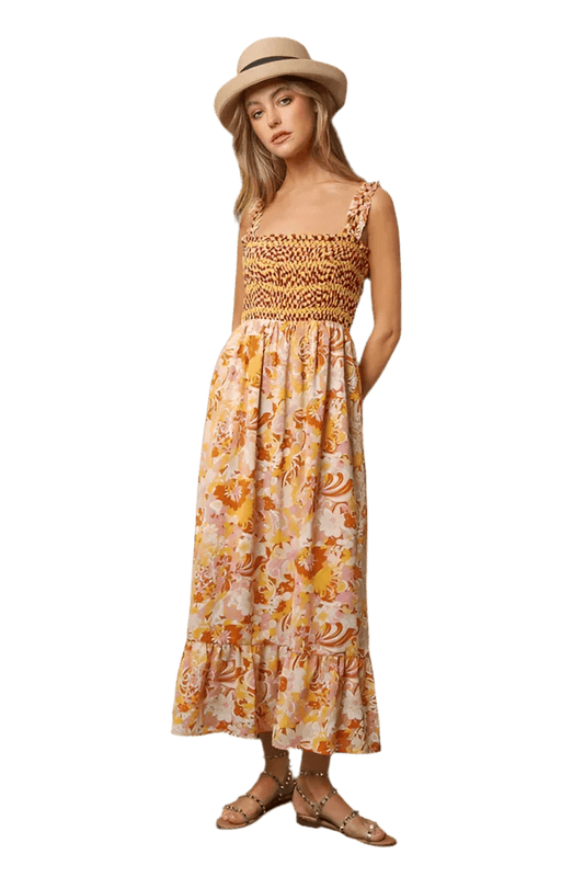 Multi Smocked Geo Ruffle Midi Dress - minbolu
