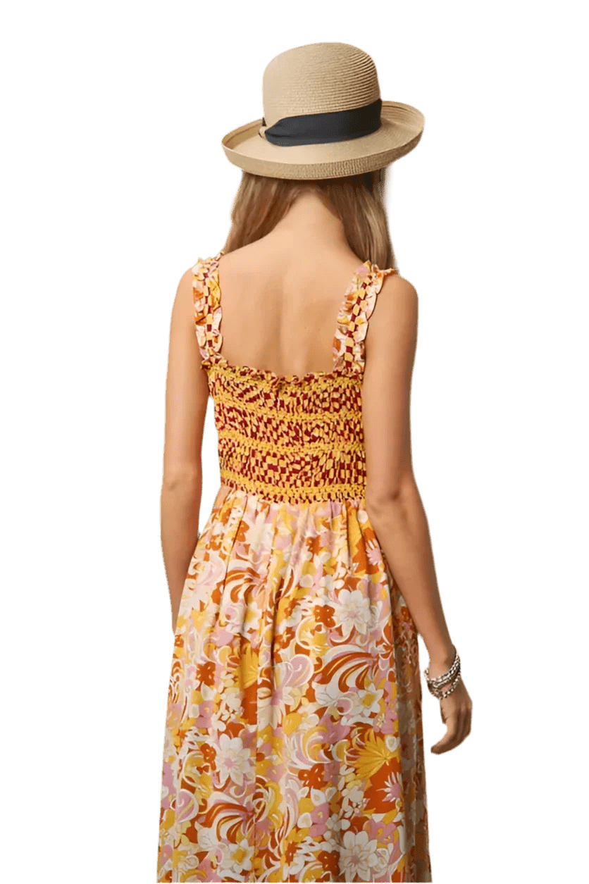 Multi Smocked Geo Ruffle Midi Dress - minbolu