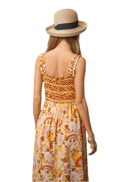 Multi Smocked Geo Ruffle Midi Dress - minbolu
