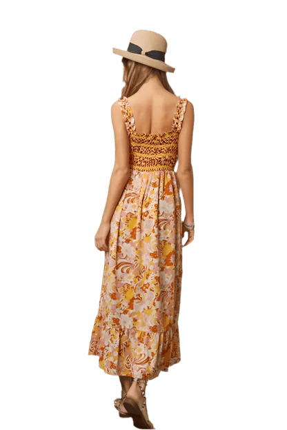 Multi Smocked Geo Ruffle Midi Dress - minbolu
