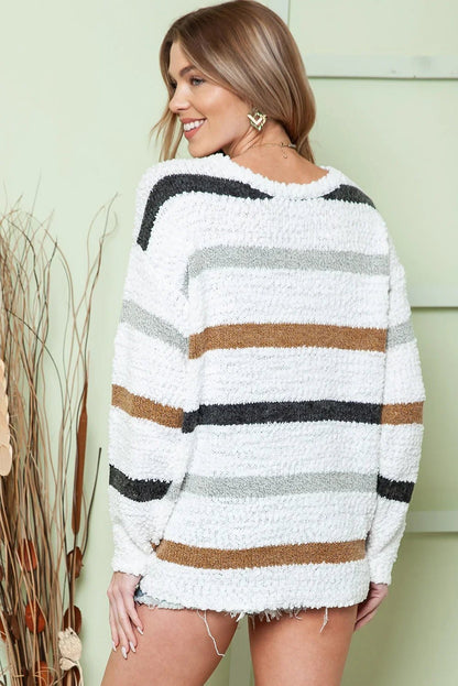 Multicolor Stripes Print Popcorn Drop Shoulder Pullover Sweater - minbolu -