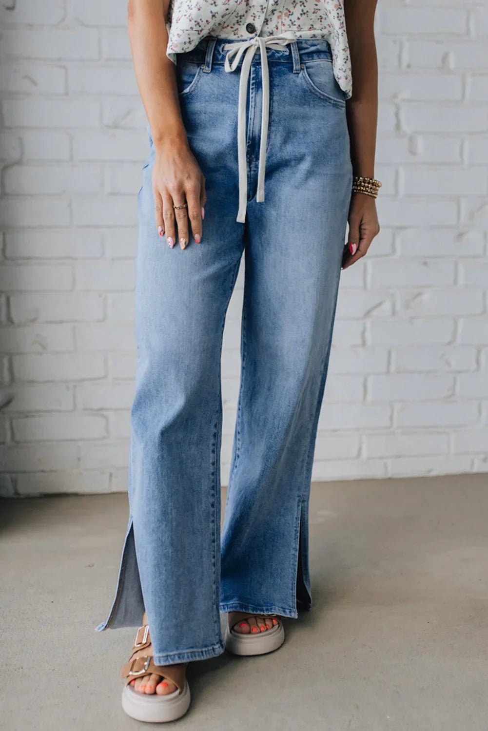 Myosotis Side Slit High Rise Drawstring Casual Jeans - minbolu -