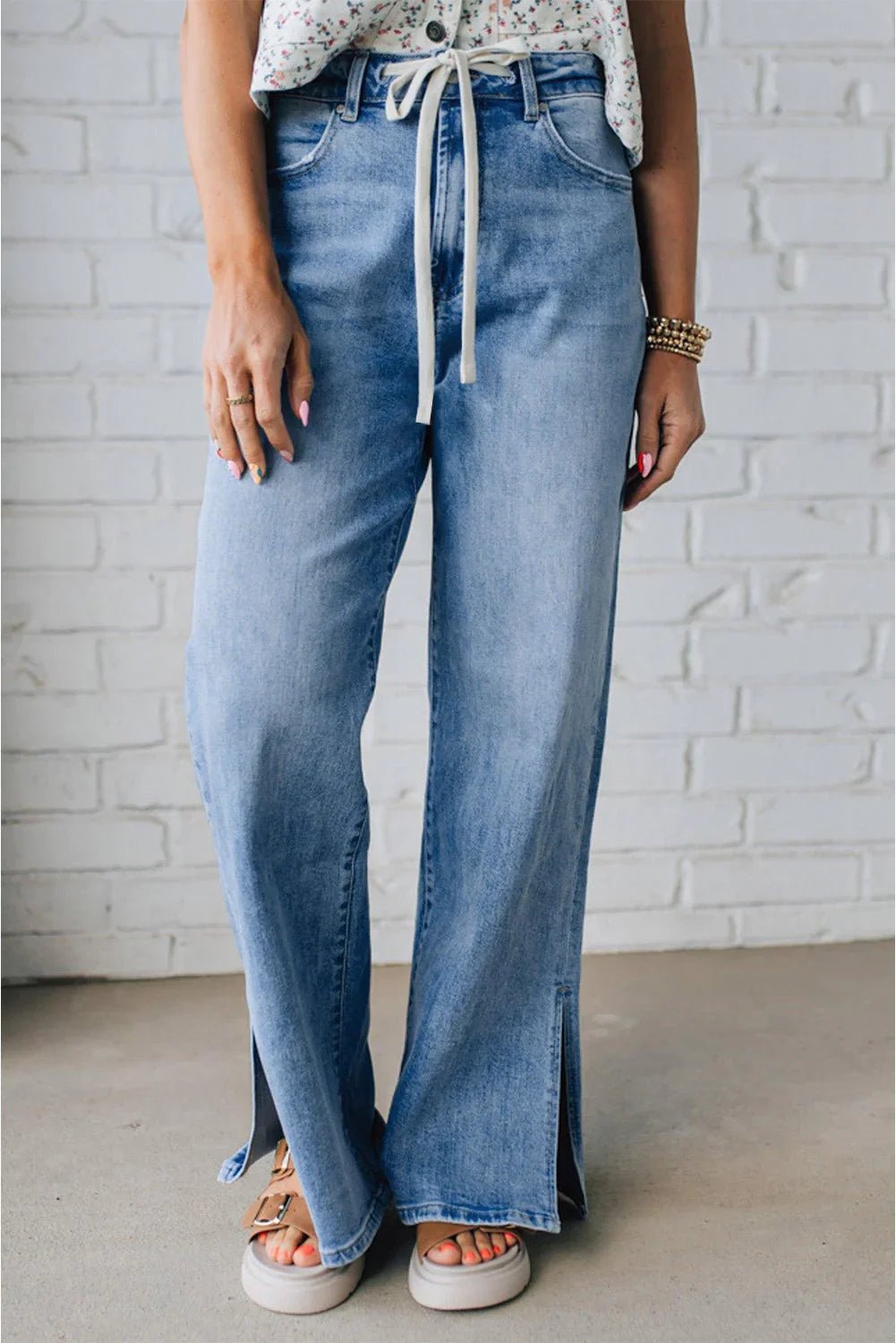 Myosotis Side Slit High Rise Drawstring Casual Jeans - minbolu -