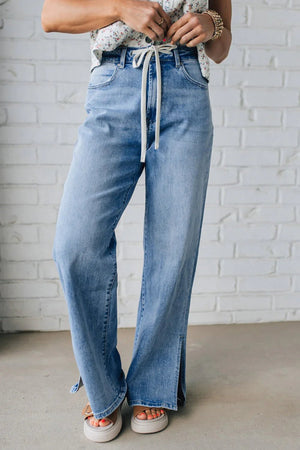 Myosotis Side Slit High Rise Drawstring Casual Jeans - minbolu -